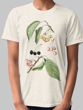 Wild Cherry Vintage Botanical Print Short Sleeve Graphic Tee T-shirt S-XXL